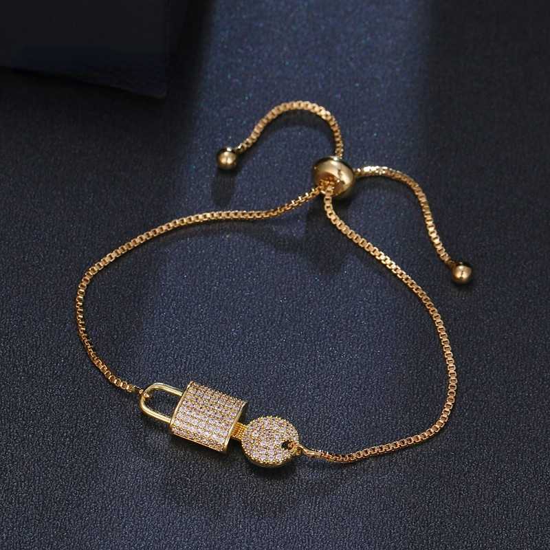 

Link, Chain Korean Luxury Crystal Design Gold Color Bracelet Adjustable Key And Lock Shape Cubic Zirconia Women Shiny Jewelry
