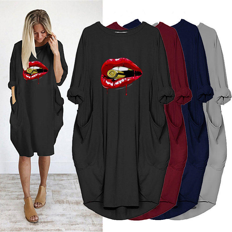 

Plus Size Womens Midi Dress Red Lips Print Long Sleeve Pocket Black Loose Vintage Sexy Party Casual Vestidos Femme Robes Mujer, D002 black