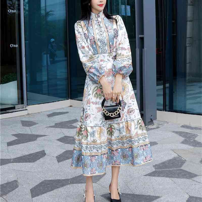 

Runway Elegant Vintage Printed Long Maxi Dress Women Lantern Sleeve Stand Collar A-line Dresses Party Fashion Ladies Vestidos 210518, Picture color
