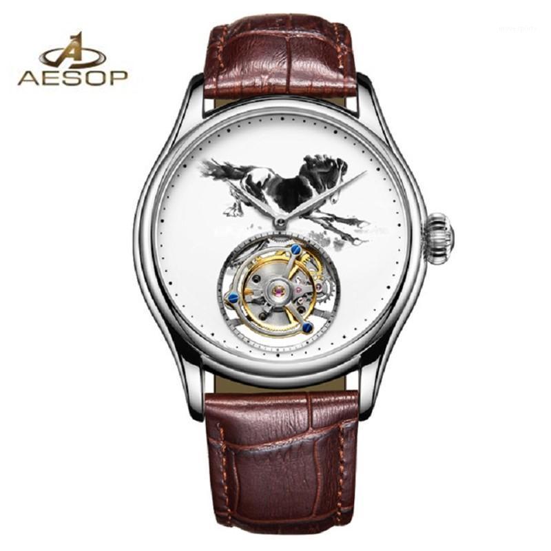 

Chinese Painting Tourbillon Skeleton Watch Movement Big Wrist Mechanical Watches For Men Famous Man Store Wristwatches, Noble gold