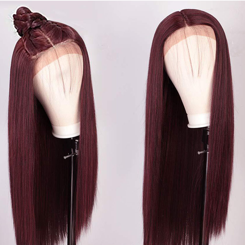 Costume Accessories 18-26inch Wine Red Long Lace Front Wig Silky Straight 99j Syntheitc Wig for Women Cosplay Wigs For Part Daily Headband W-image-749168211