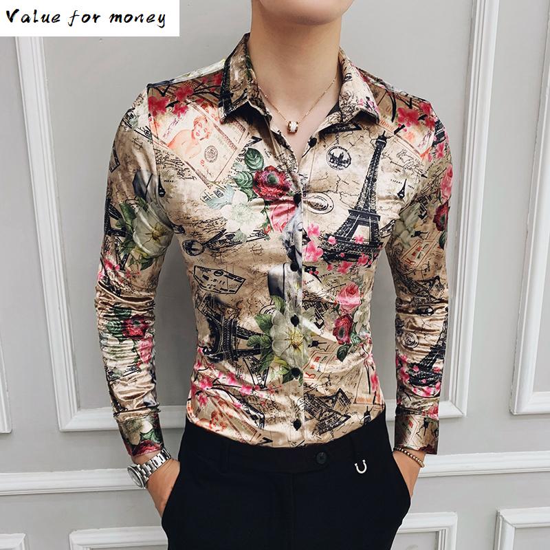 

Printed Fashion Flannel Clothing Spring Summer Shirts Stylish Party Dress Long Sleeves Casual Baroque Velvet Mens Silk, Flower colour