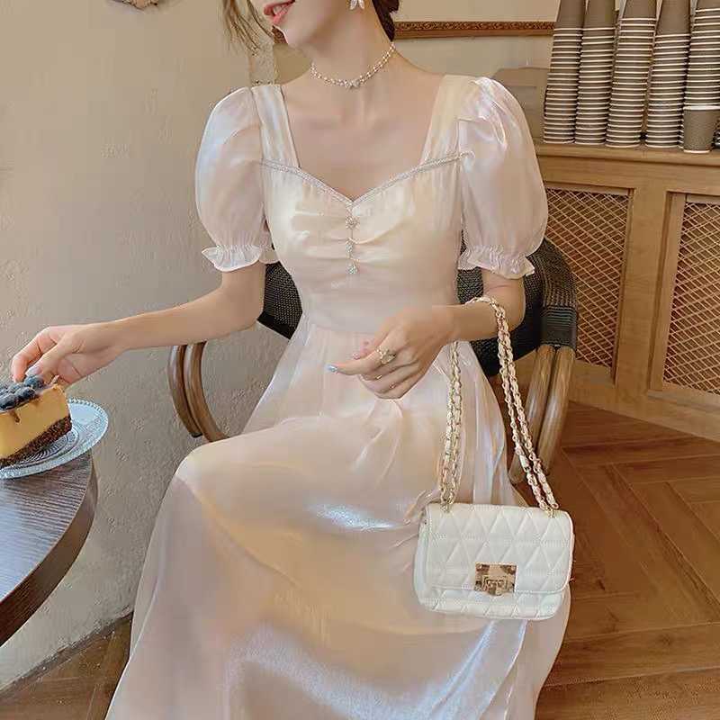 

VANOVICH Summer's Women Dress Solid Color Sweet Fashion Ladies Chiffon Short Sleeve Clothing 210615, Apricot
