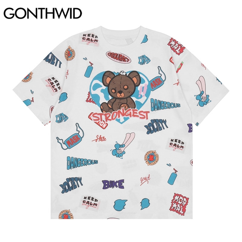 

T-Shirts Harajuku Graffiti Bear Patches Print Streetwear Tshirts Summer Fashion Loose Hip Hop Cotton Short Sleeve Tops 210602, Black