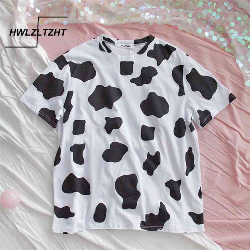 

HWLZLTZH Cotton Shirt Summer Women's Clothing Large Sizes Cow Print Basic Women Casual O-neck shirt Oversized op 210720, White