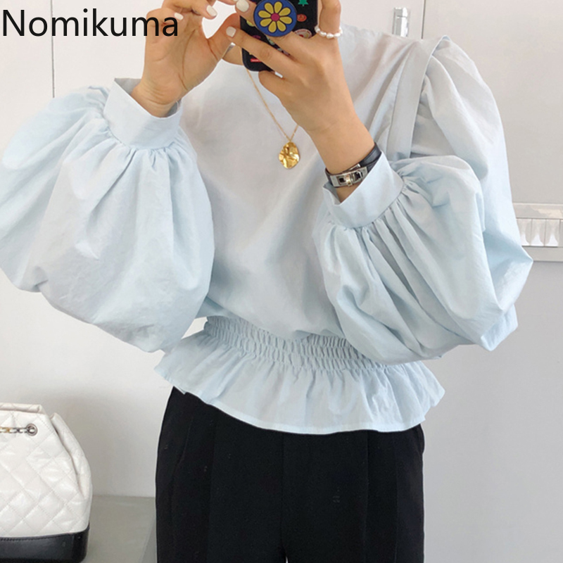 Nomikuma Spring New Women Shirt Causal O-neck Lantern Sleeve Top Blouses Pleated Slim Waist Ruffle Short Blusas Femme 6E218 210427