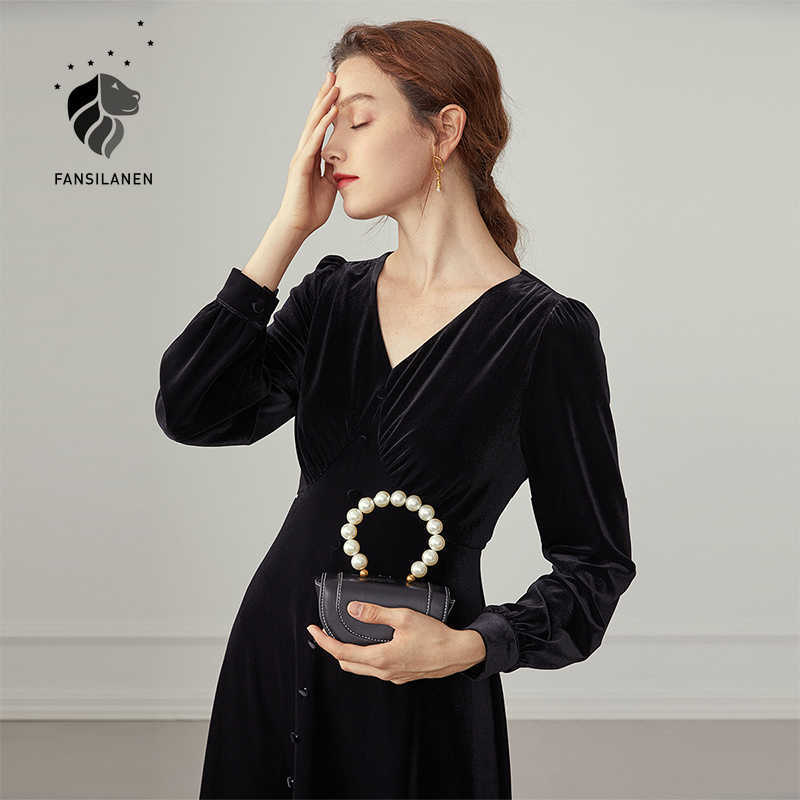 

FANSILANEN Elegant velvet midi party black dress Women v neck long sleeve slim sexy Autumn winter club vitnage 210607