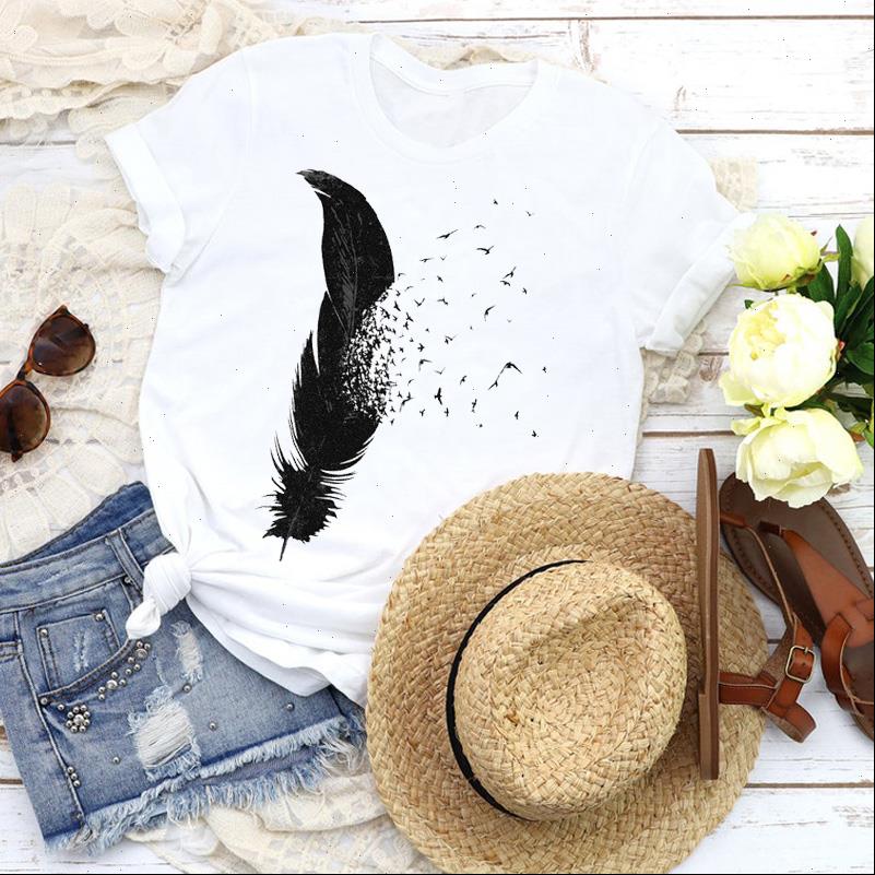 

women graphic feather bird t shirts cartoon fashion short sleeve 90s tees print shirt clothing female, White