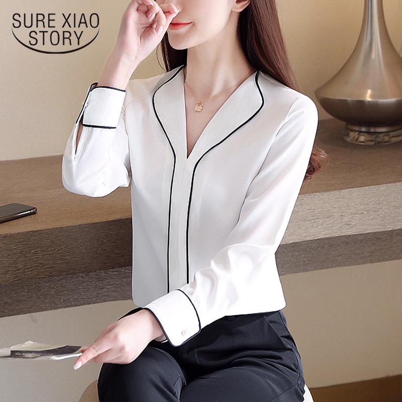 

Women's Blouses & Shirts Women Womens Tops And V-neck Solid White Long Sleeve Shirt Panelled Pullover OL Blusas Mujer De Moda 8394 50