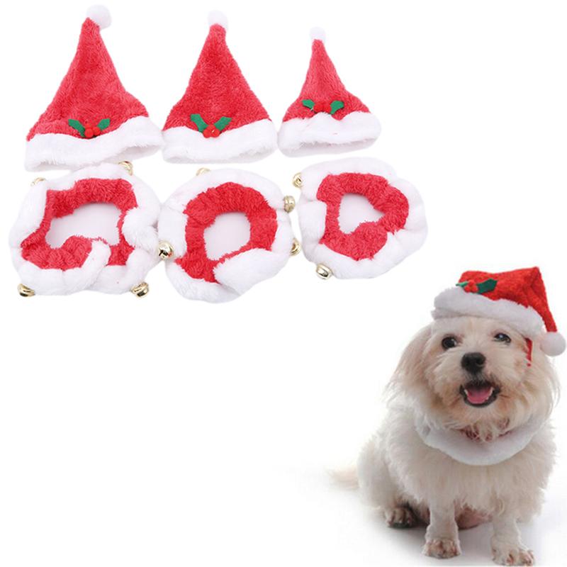 

Dog Apparel 1 Set Pet Cat Xmas Santa Hat And Collar With Bells Christmas Bowknot Costume Headwear Accessory
