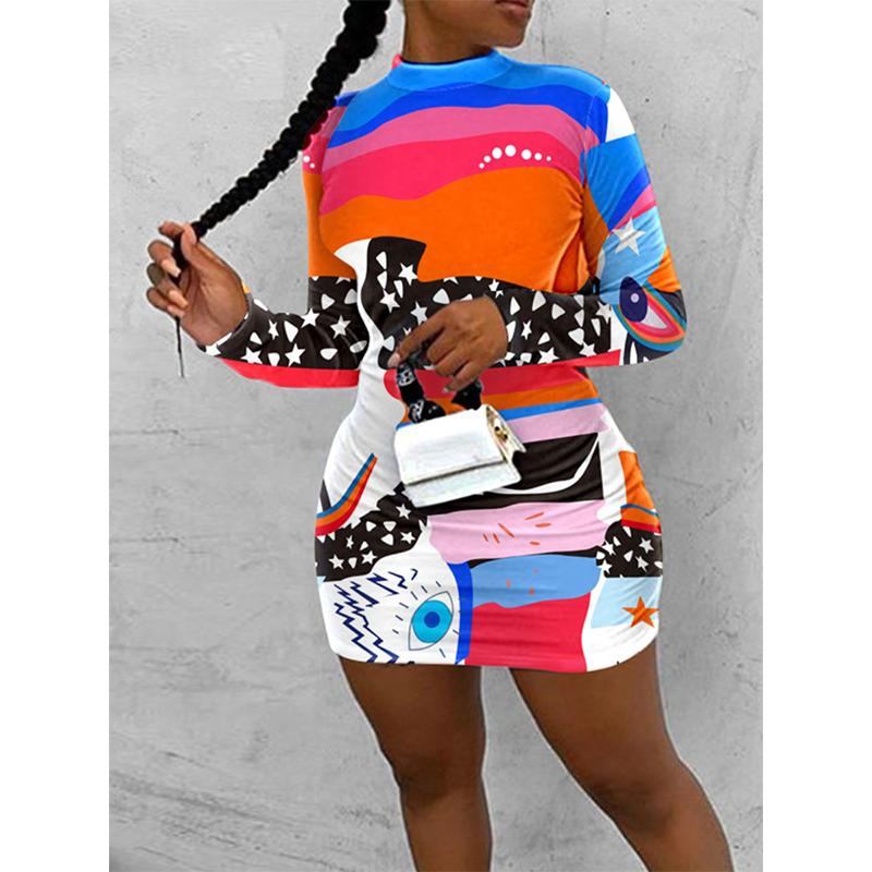 

Women O-neck Dress Sexy Graffiti Print Slim Skinny Dresses Autumn Long Sleeve Female Fashion Outfits Elegant Casual, Black;gray