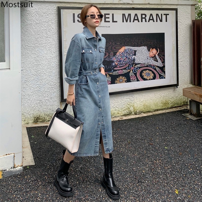

Autumn Blue Denim Dress For Women Laidies Long Elegant Dresses Korean Sleeve Turn Down Collar Button Up Vestidos Mujer 210518