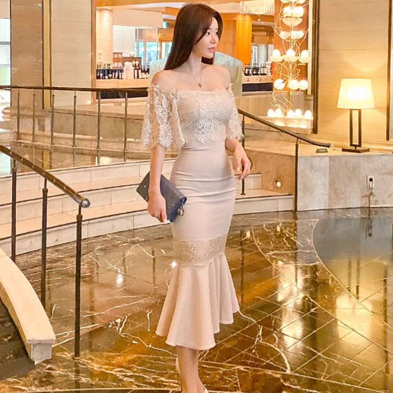 

Elegant Spaghetti Straps Lace Patchwork Trumpet Dress Women' Summer Sheath High Waist Bodycon Dresses Office Casual Vestidos 210525, Picture color