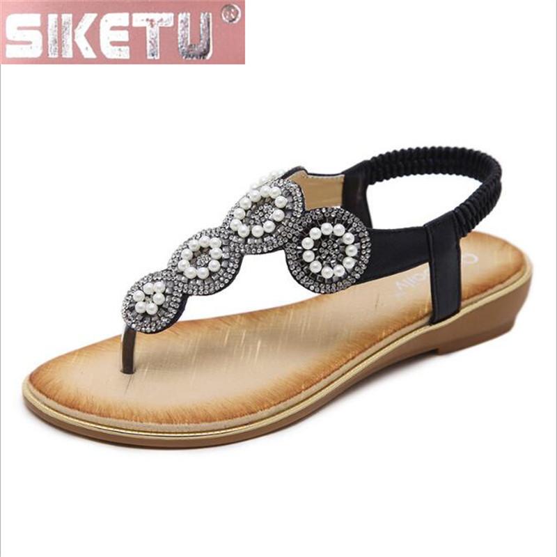 

Shoes Woman Flat Sandals PU Elastic Band Fashion Rhinestone Foreign Trade Summer Women Drive Office, Black
