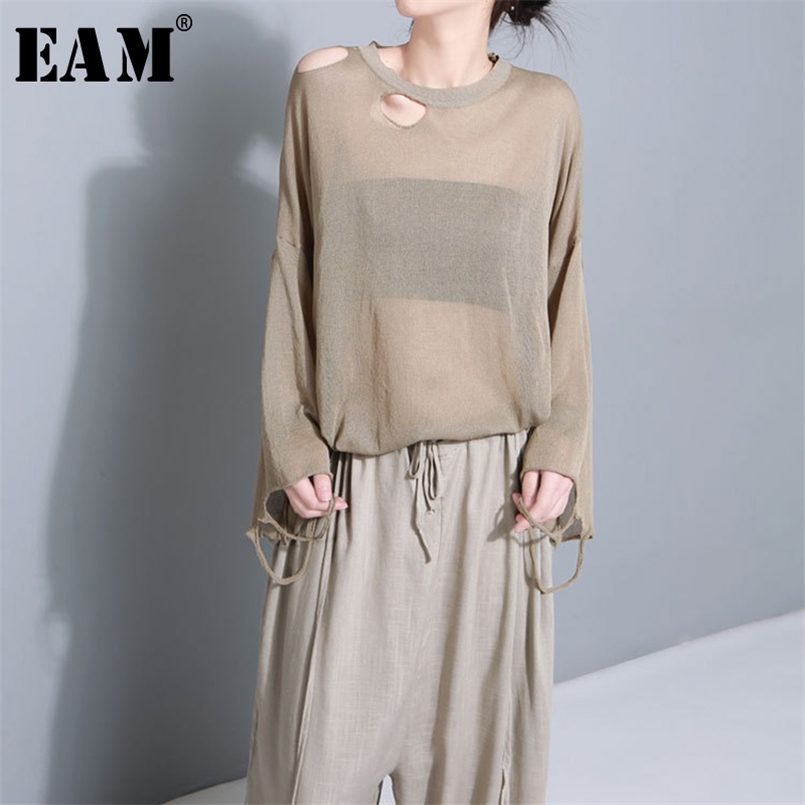 

[EAM] Spring Summer Round Neck Short Sleeve Perspective hollow out Loose Big Size Knitting T-shirt Women Fashion JG231 210708, Khaki