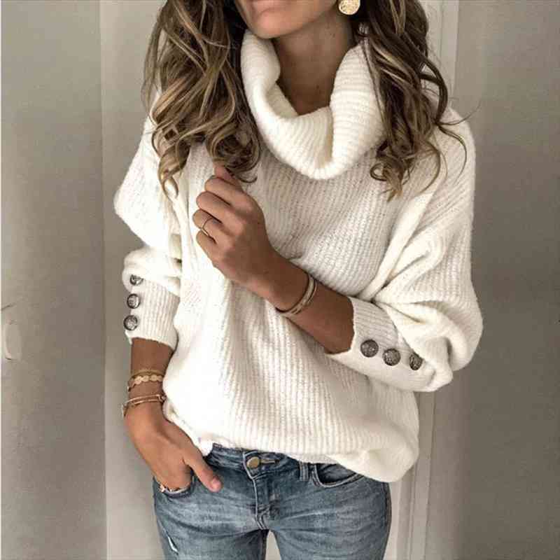 

Womens Sweater Cozy Turtleneck Tops Pullover Long Sleeves Sweater Knit Shirt With Button Decor For Daily Fall Winter Solid, White;black