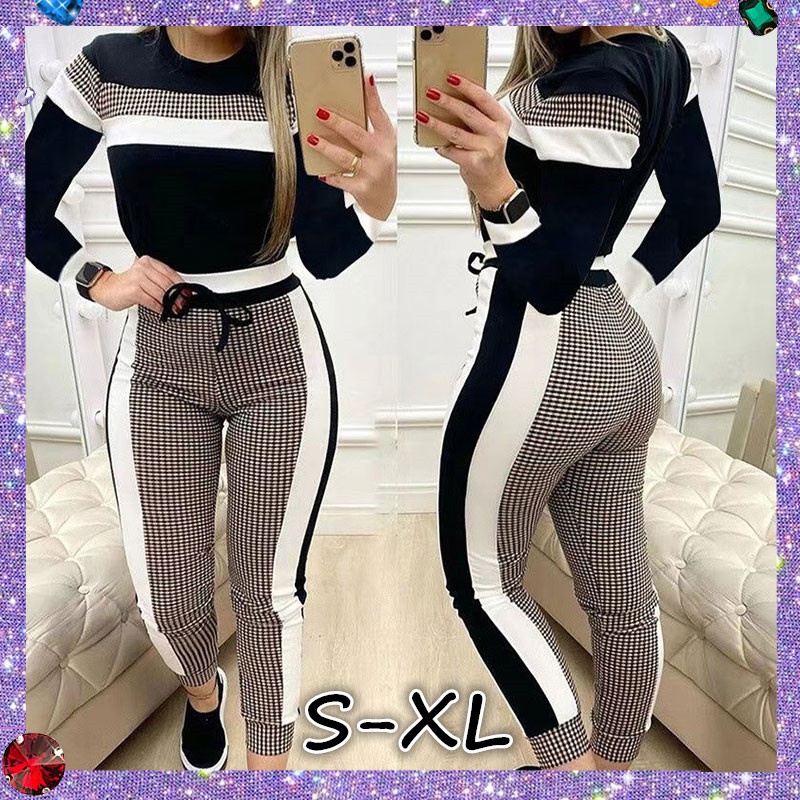 

Women Sweatshirt Plaid Color Matching Printing Slim Fit Casual Long Sleeve 2 Piece Tracksuits, Black