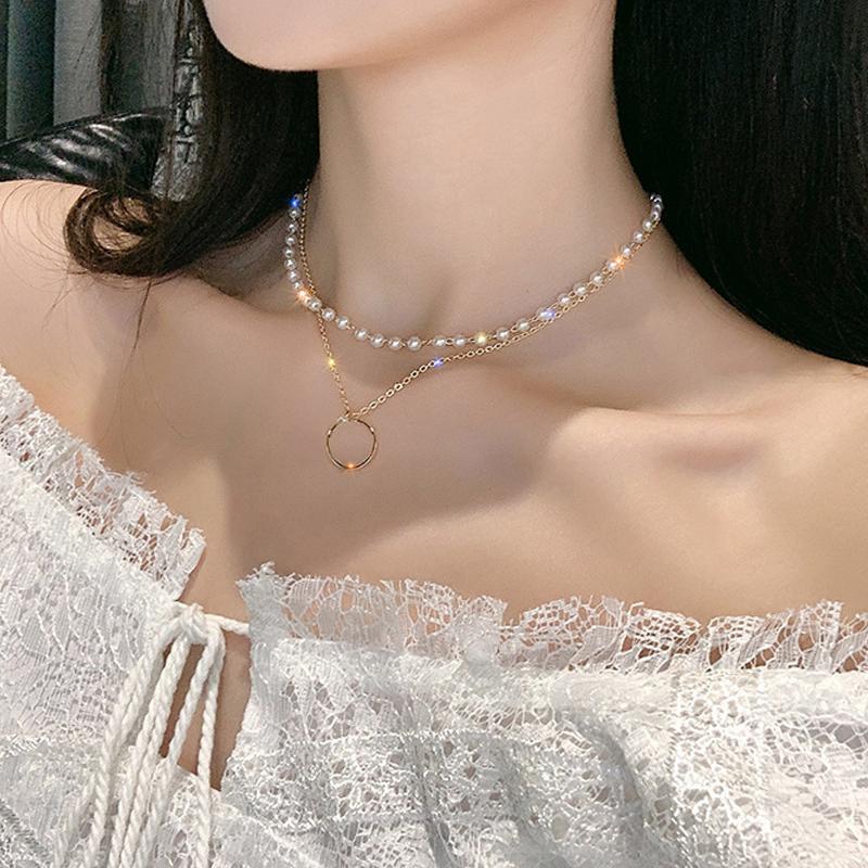

pendant necklaces fashion pearl choker necklace for women cute double layer round chain jewelry girl gift, Silver