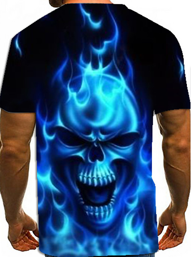 

Flame bone pattern men' 3D printed T-shirt visual impact party top streetwear punk gothic round neck high quality American muscle style short sleeves, Blue