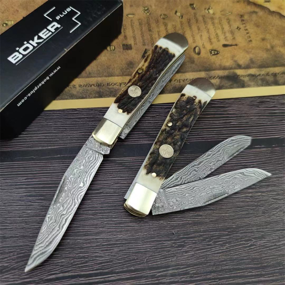 

Boker Appaloosa Trapper Pocket Knife 3.22" Damascus Steel Forged 2 Blades, Antler Handle, EDC folding knives Outdoor Survival Camping Tools
