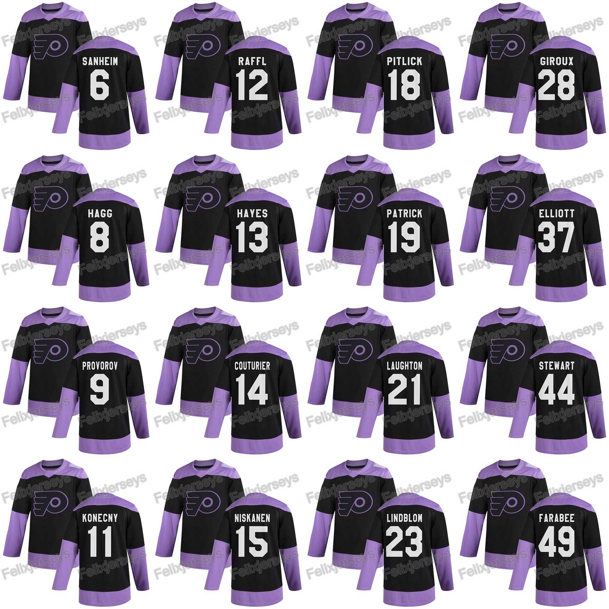 

28 Claude Giroux 2020 Hockey Fights Cancer Philadelphia Flyers Brian Elliott Sean Couturier Kevin Hayes Travis Konecny Ivan Provorov Jersey, Black