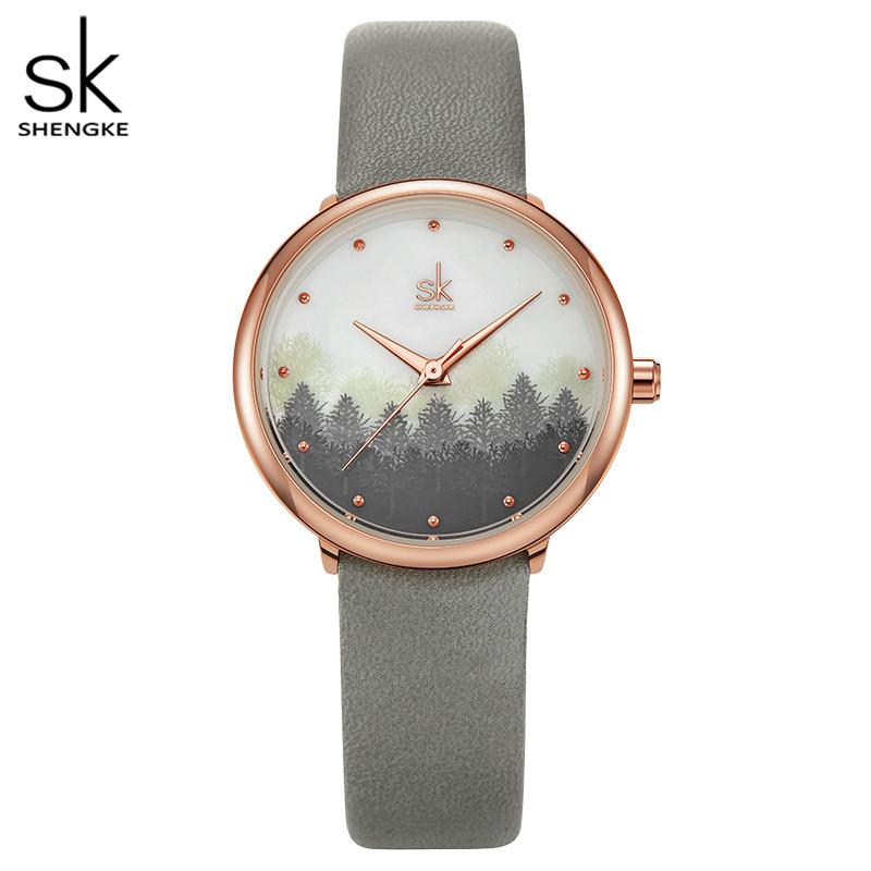 

Wristwatches Shengke Elegant Watch Women Watches Top Leather Strap Waterproof Fashion Casual Wristwatch Drop 2021 K9020, Slivery;brown