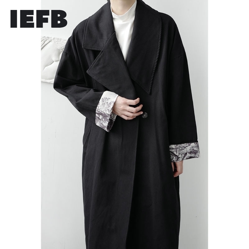 

IEFB /men's wear spring male's asymmetrical collar print lining Korean loose trench coat mid-length windbreaker 9Y3947 210524, Black