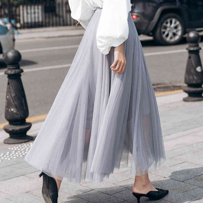 

Qooth Spring Summer Female Tulle Skirts Women's Solid color Elastic Waist Long Skirt Mesh Pleated Skirt QH2134 210518, Black