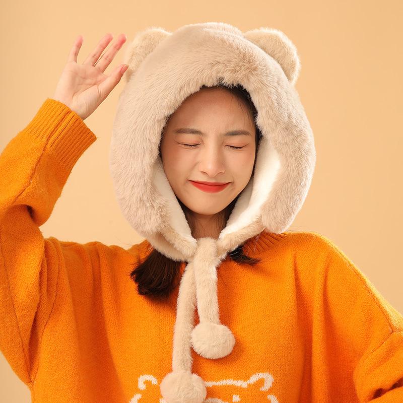 

Berets Winter Women Cute Bear Ear Hats Casual Thicken Faux Fur Hat Women's Outdoor Windproof Warm Earflap Caps, White