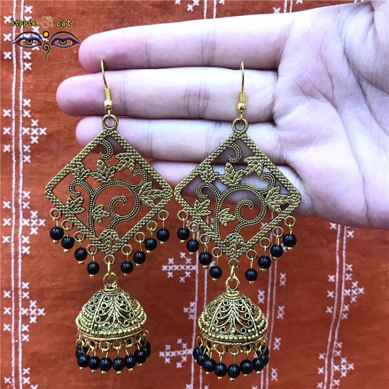 Forest Black Princess Pendant Handmade India Jhunki Resin Beads Earrings Classic Antique Gold Jewelry Dangle & Chandelier-image-697120286