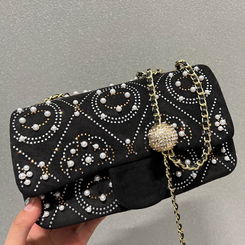 

Classic Mini Flap Stud Pearl Embroidery Bags Gold Strass Crush Ball Matelasse Chain Crossbody Shoulder Large Capacity Vanity Cosmetic Case Handbags 23CM, Box