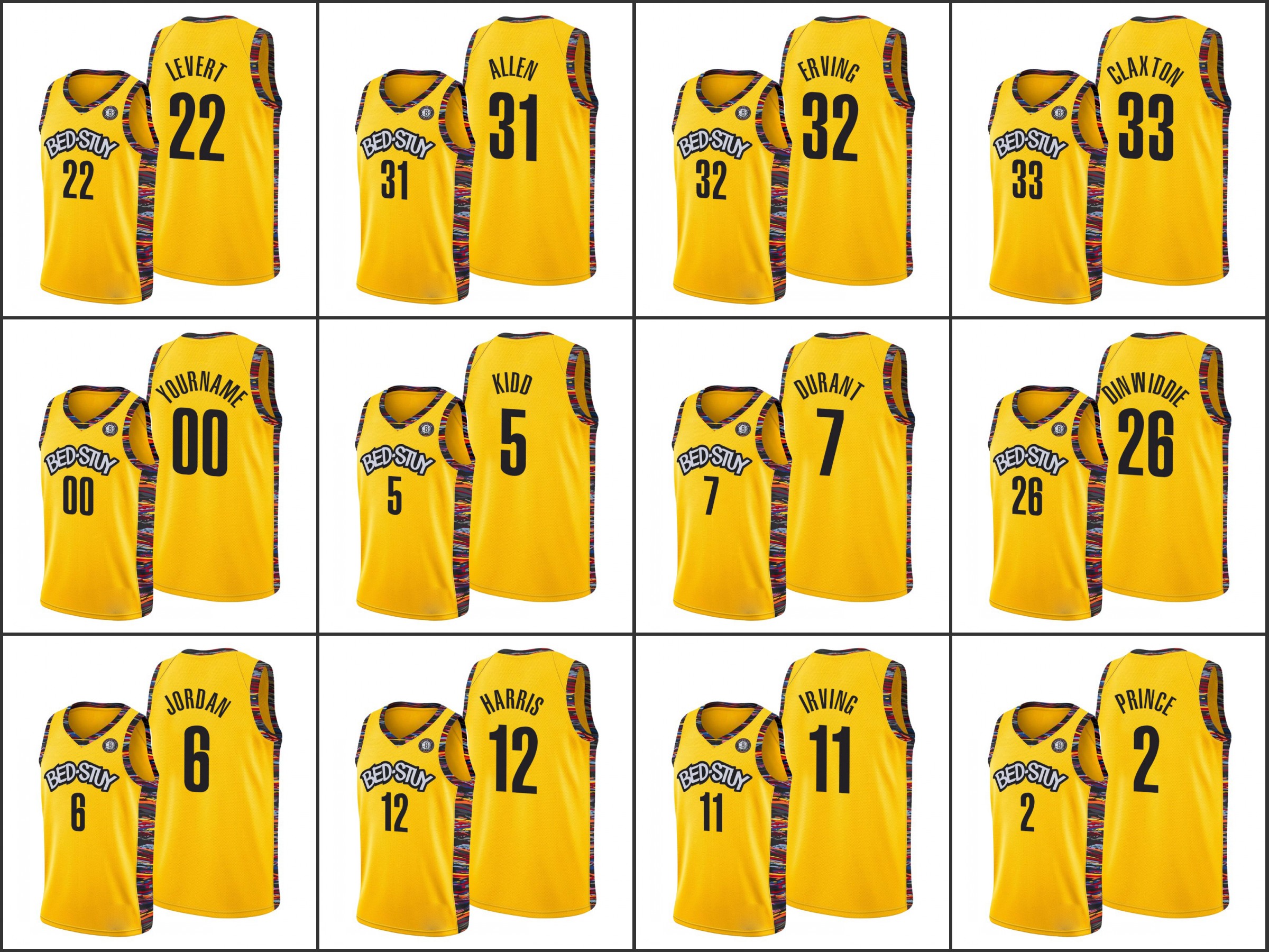 

Men Brooklyn Nets''Joe Harris Kevin Durant Kyrie Irving Caris LeVert Jarrett Allen Julius Erving Custom Biggie Jersey Yellow, Black
