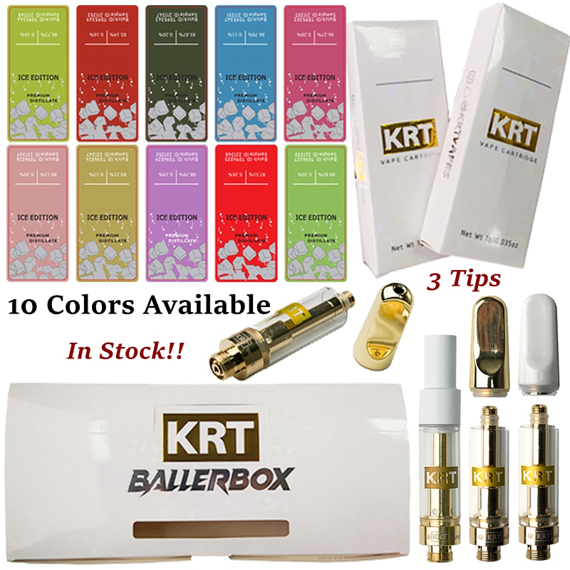 

KRT Vape Cartridges 0.8ml Ceramic Coil Atomizers Gold Tip Pyrex Glass Thick Tank Oil Dab Newest Packaging 12 Strains Wax Vaporizer Vapes Carts E Cigarettes Kits Empty