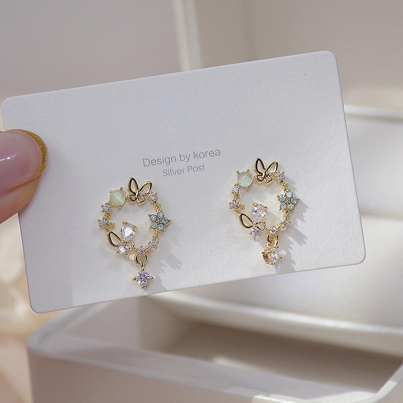 Stud Romantic 14k Real Gold Fshion Simple Gemstone Wreath Earring For Girl Zirconia Temperament Earrings Wedding Jewelry-image-698115607