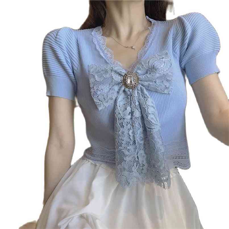 

V-neck bow lace knit sweater Slim-fit with puff sleeve top women summer Korean fashion women's clothing 210520, White