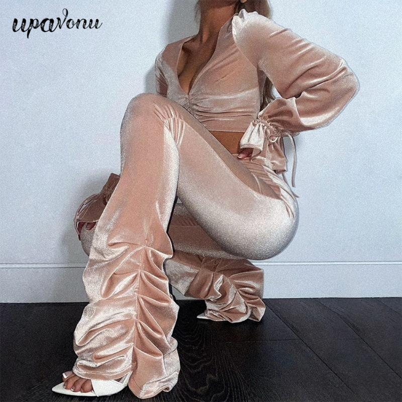 

Chic Women Gold Velvet Pants Set Sexy V-neck Lantern Sleeve Lace-Up Short Top & Long Two-piece Women's Two Piece, Apricot pink