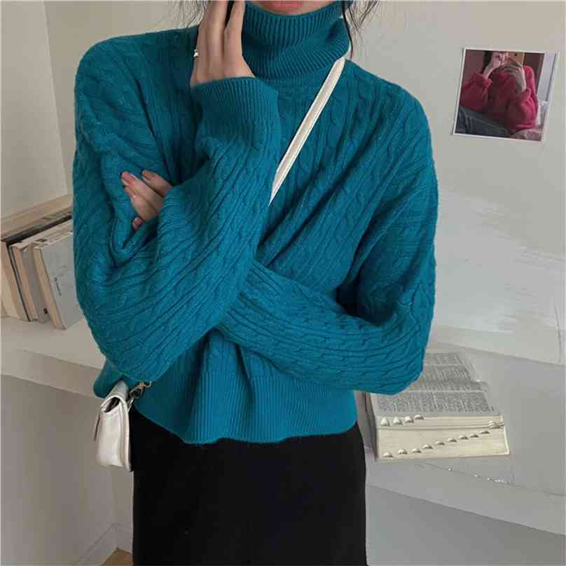

Retro Elegance Turtleneck Chic Solid Loose Pullovers Lazy Fashion Sweaters Streetwear High Quality Women Warm Tops 210525, Blue