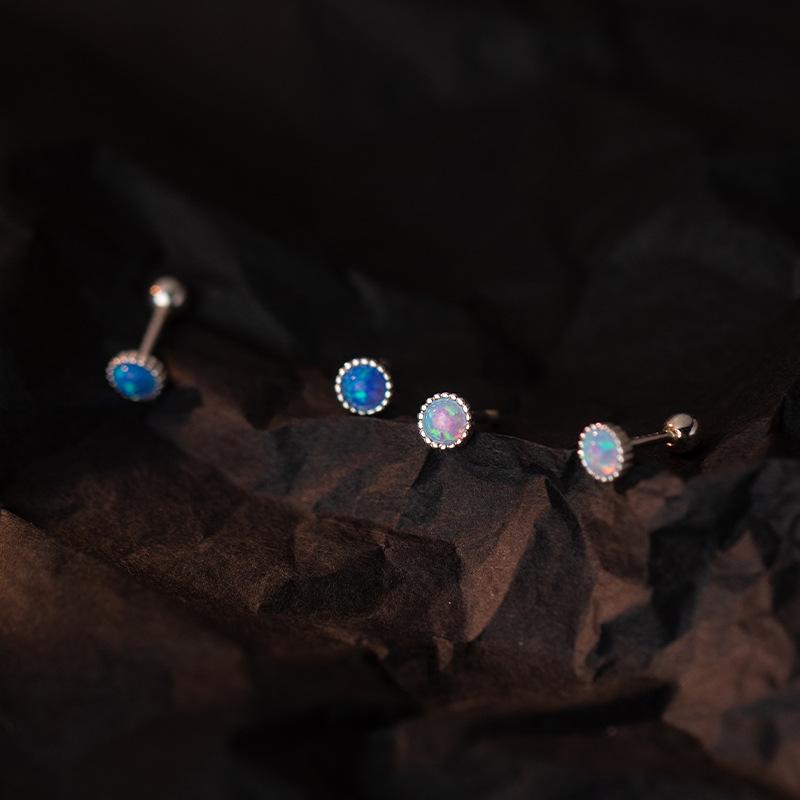 

Stud S925 Sterling Silver Round Synthetic Opal Earrings Korean Style Simple Threaded Small