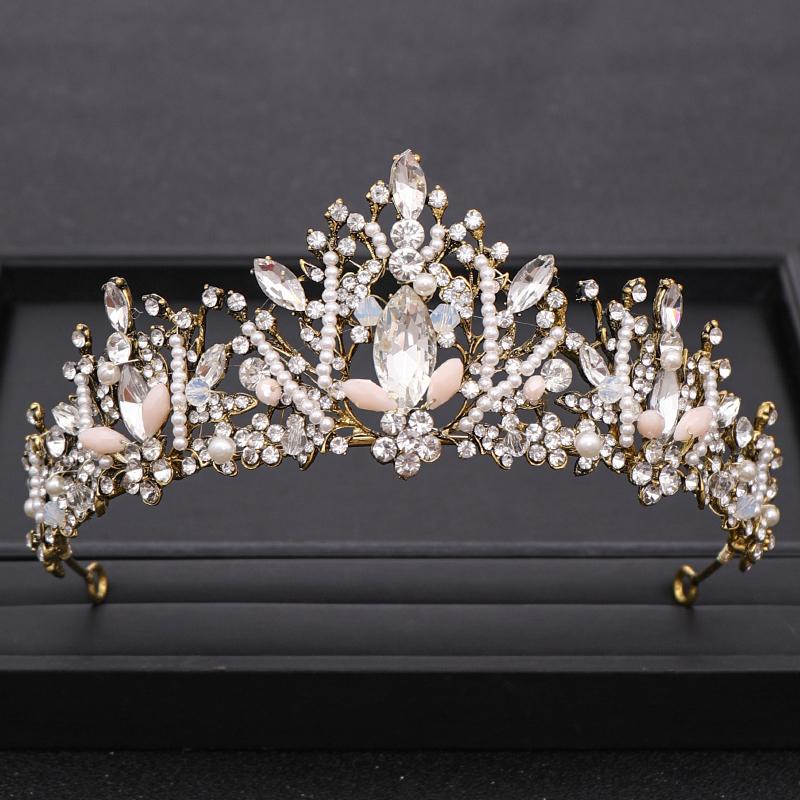 

Hair Clips & Barrettes Luxurious Baroque Crystal Tiara Wedding Crown For Bride Gold Handmade Pearl Beading Headpiece Jewelry Accessories, Golden;silver