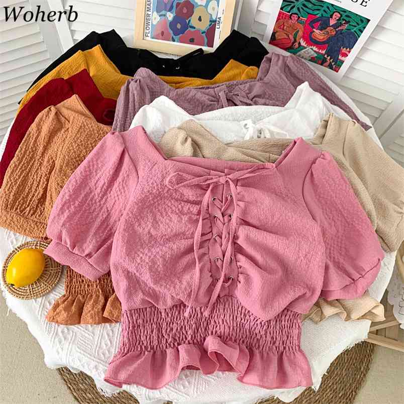 

White Puff Sleeve Women Blouses Summer Korean Shirts Fashion Clothing V Neck Cross Lace-up Slim Blusas Crop Tops 210519, Pink