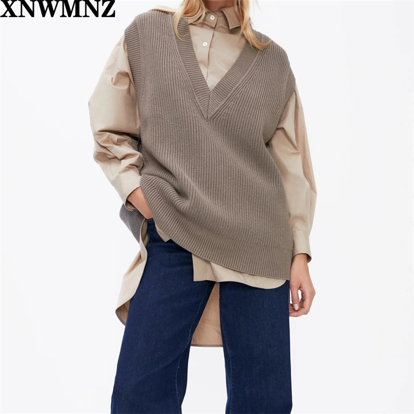 

Women knitted waistcoat Long knit vest with V-neck ribbed trims Female Chic Vintage sweater Simple All-match Style top 210520, Picture color