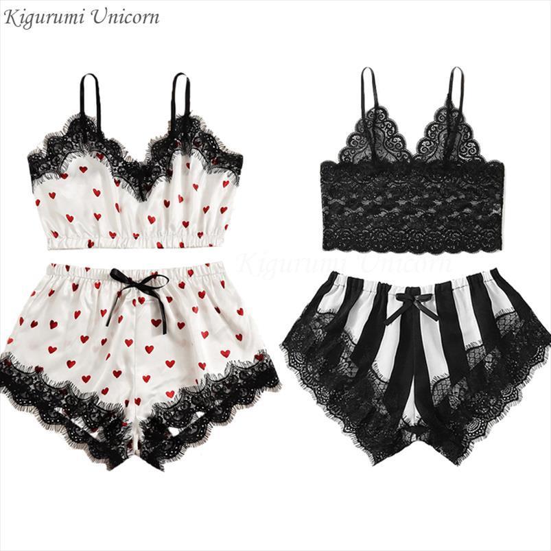 

striped satin silk lace womens sleepwears floral v neck sleeveless lingerie nightwear shorts pajamas sets, Black;red