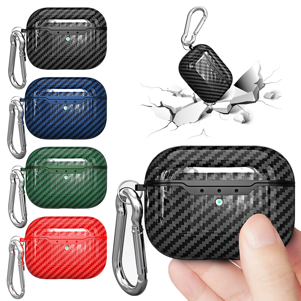 

Luxury Silicone Carbon Fiber Texture TPU Case With Hook Anti-lost Earbuds For Apple AirPods 1 2 Pro 3 Bluetooth Earphone Protective Cover Bag