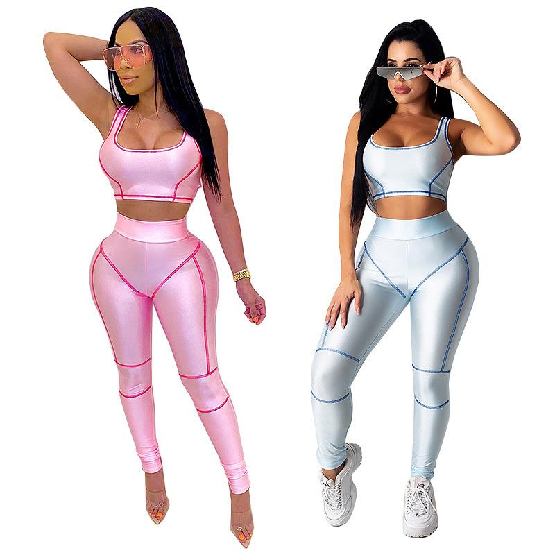 

2021 summer dresses women tracksuits solid color tight sports yoga stitching striped suit womens sets Girl Printed Top down woman sexy jumps, Mix color