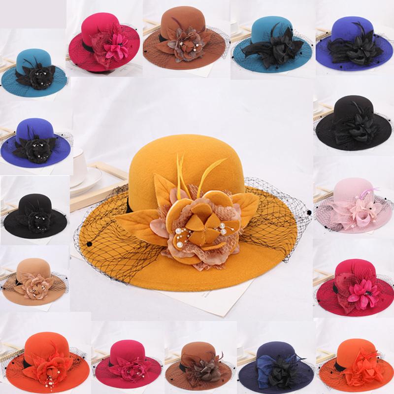 

Stingy Brim Hats Lady Korean Wool Felt Flowers Hat Women Wide Top Autumn Winter Elegant Girls Hepburn Wind Party Cap Decoration, 17