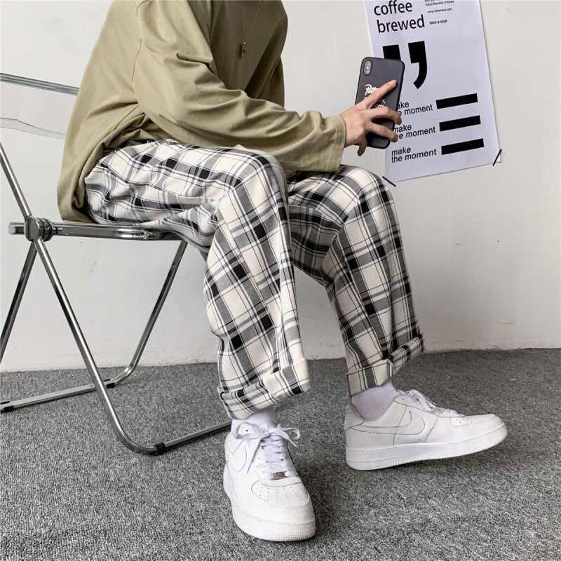 

Women's Pants & Capris 2021 Fashion Man Loose Striped Length Trousers Korean Men Plaid Casual Oversized Streetwear Joggers, Black and white grid