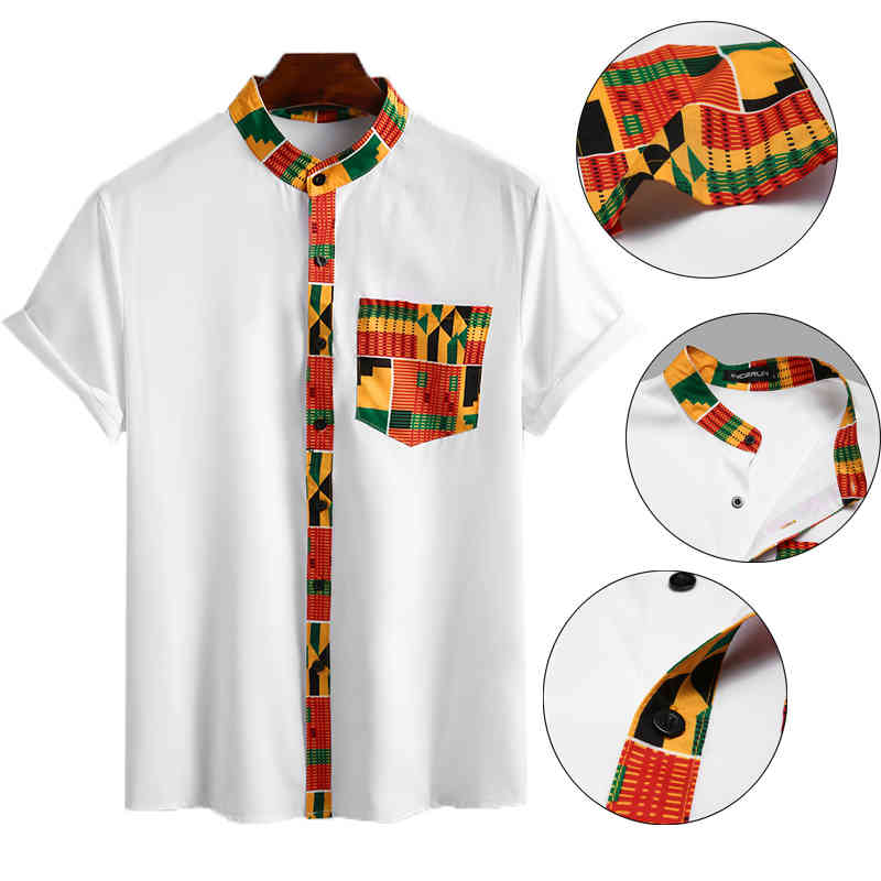 

Men Floral Short Sleeve Stand Collar Shirts Ethnic Printed Shirt Vintage Loose Buttons Streetwear African Clothes, Blue