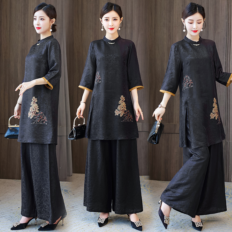 

Traditional Chinese ethnic Clothing Women Top Pant sets black tang Suit embroidered vintage oriental outfits elegant asian costume