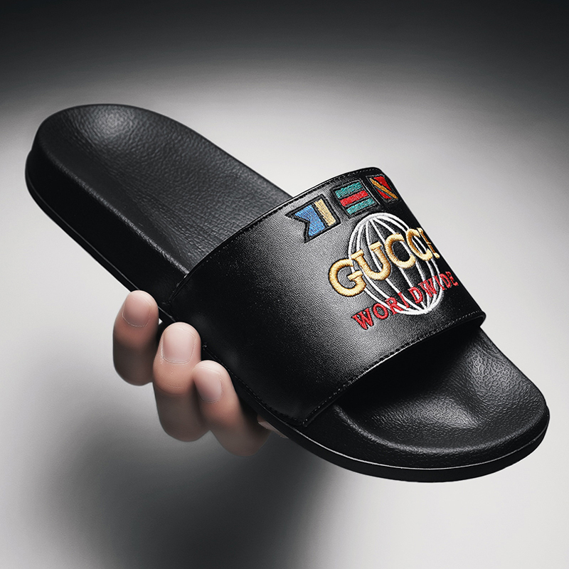 

Men's slippers summer 2021 heels European and American street embroidery sandals, Black