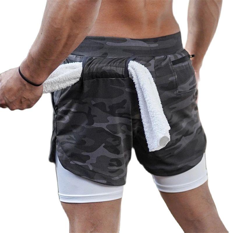 

Camo Running Shorts Men 2 In 1 Double-deck Quick Dry GYM Sport Fitness Jogging Workout Sports Short Pants Clothing, Gray black